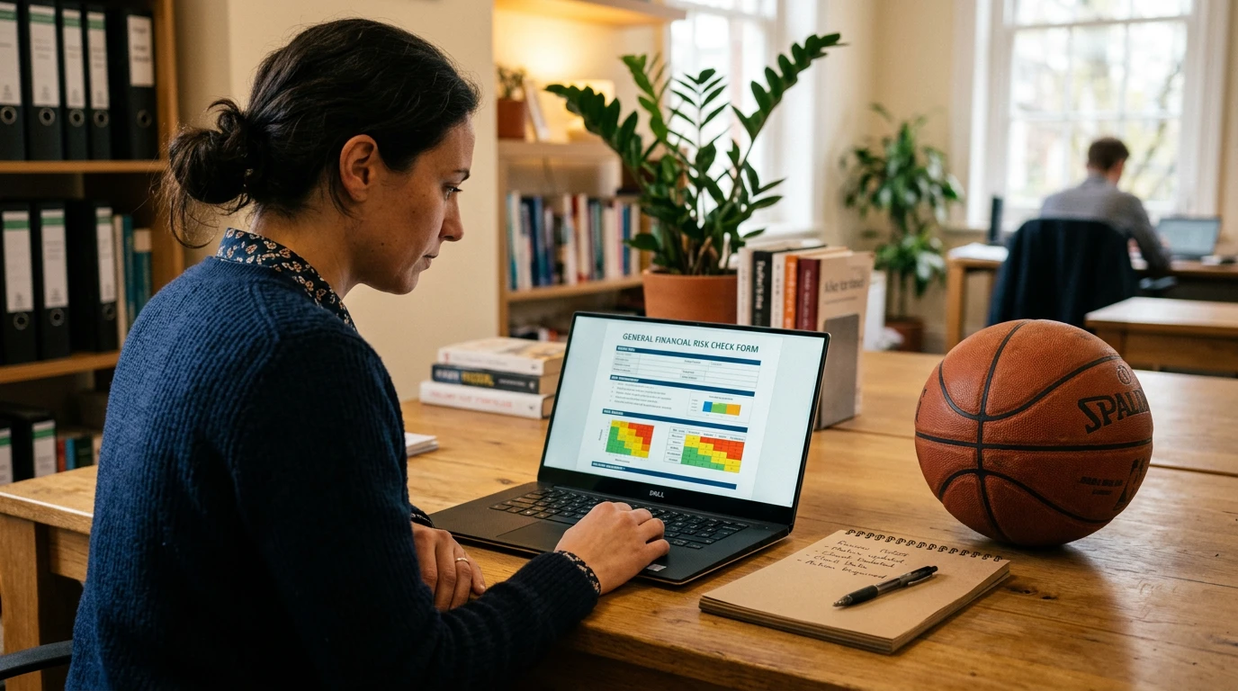 UK NBA punter reviewing financial risk check documents on a laptop screen