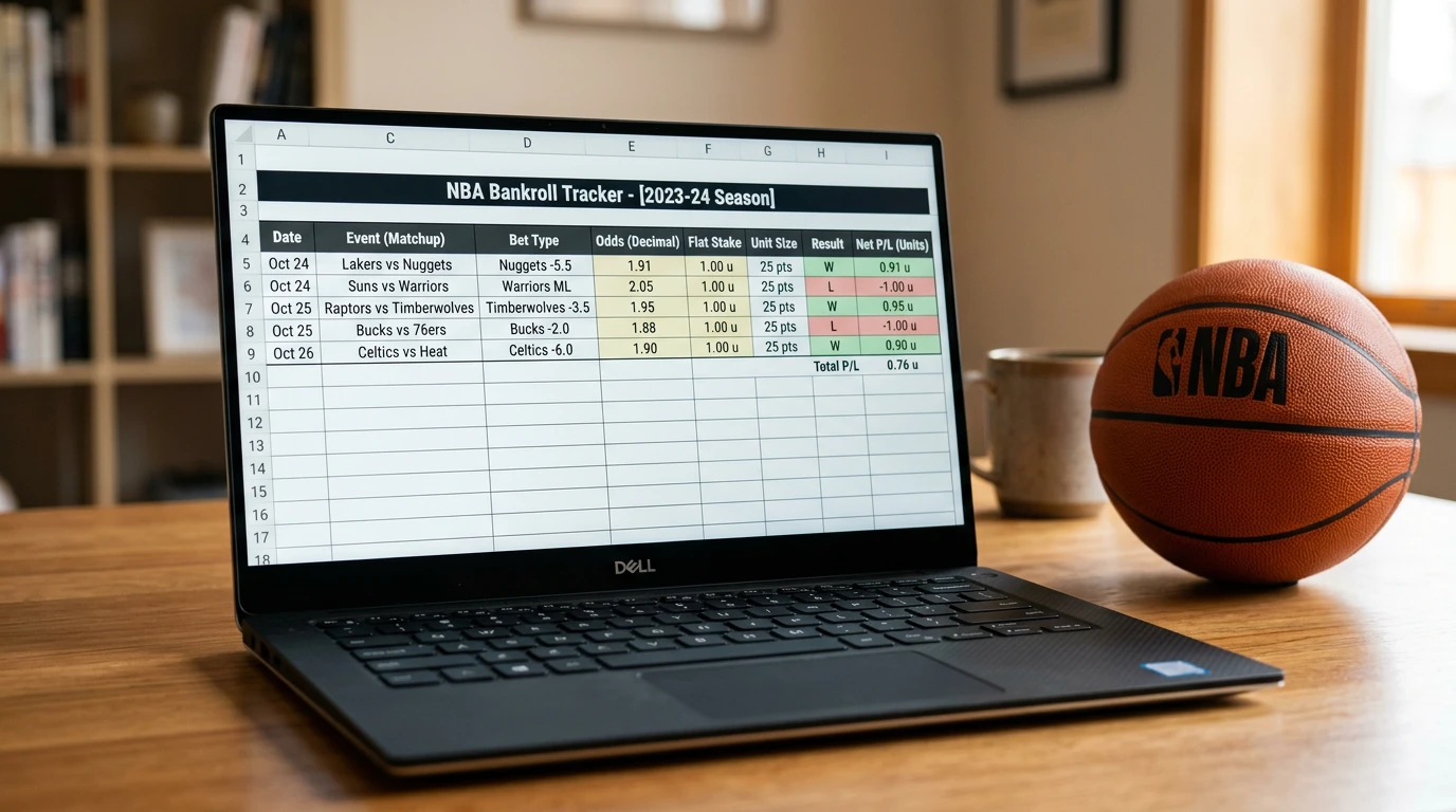 NBA bankroll tracker showing flat stake and unit sizing approaches across a betting log