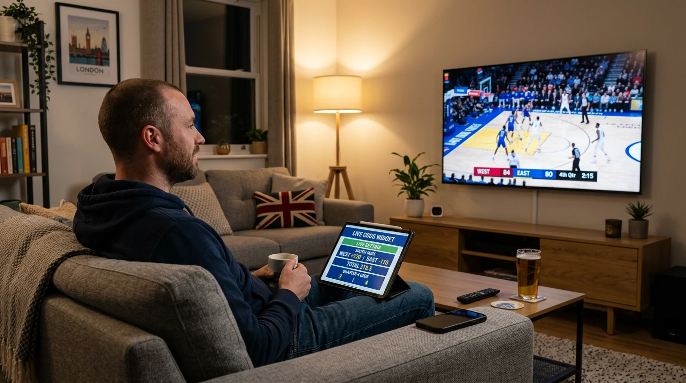 UK viewer watching NBA on Prime Video with a tablet showing live odds