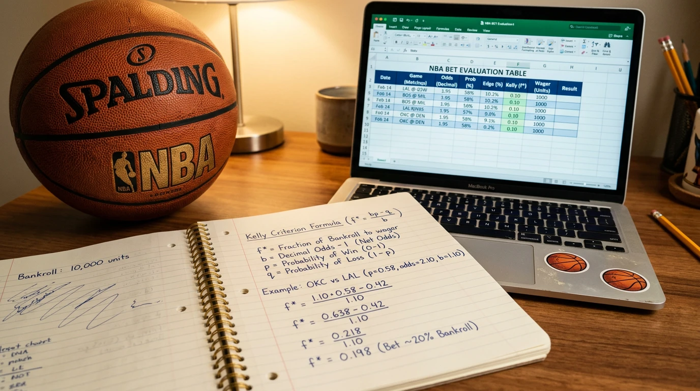 Kelly criterion formula applied to an NBA betting bankroll with worked example numbers