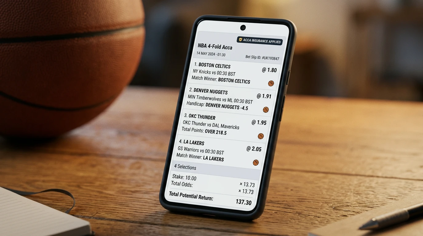 UK NBA accumulator betting slip with insurance and acca-edge boost overlay