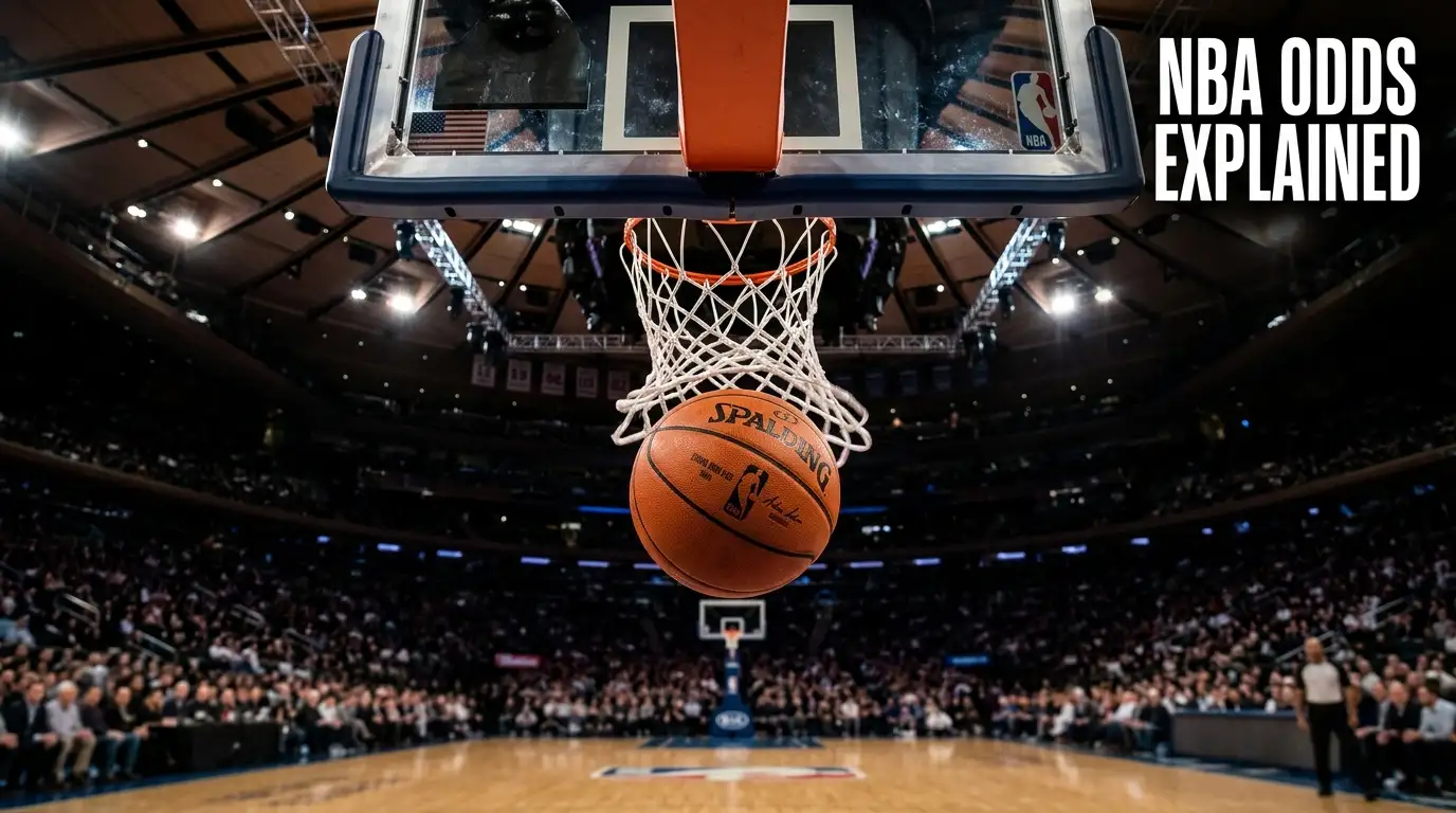 Orange NBA basketball passing through a regulation hoop net above a hardwood court, with the headline 'NBA Odds Explained' overlaid in the upper corner.