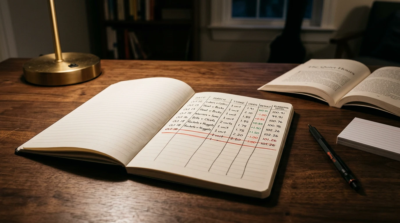 A punter reviewing a paper notebook with handwritten NBA bet log entries, unit sizes and closing line value notes on a wooden desk