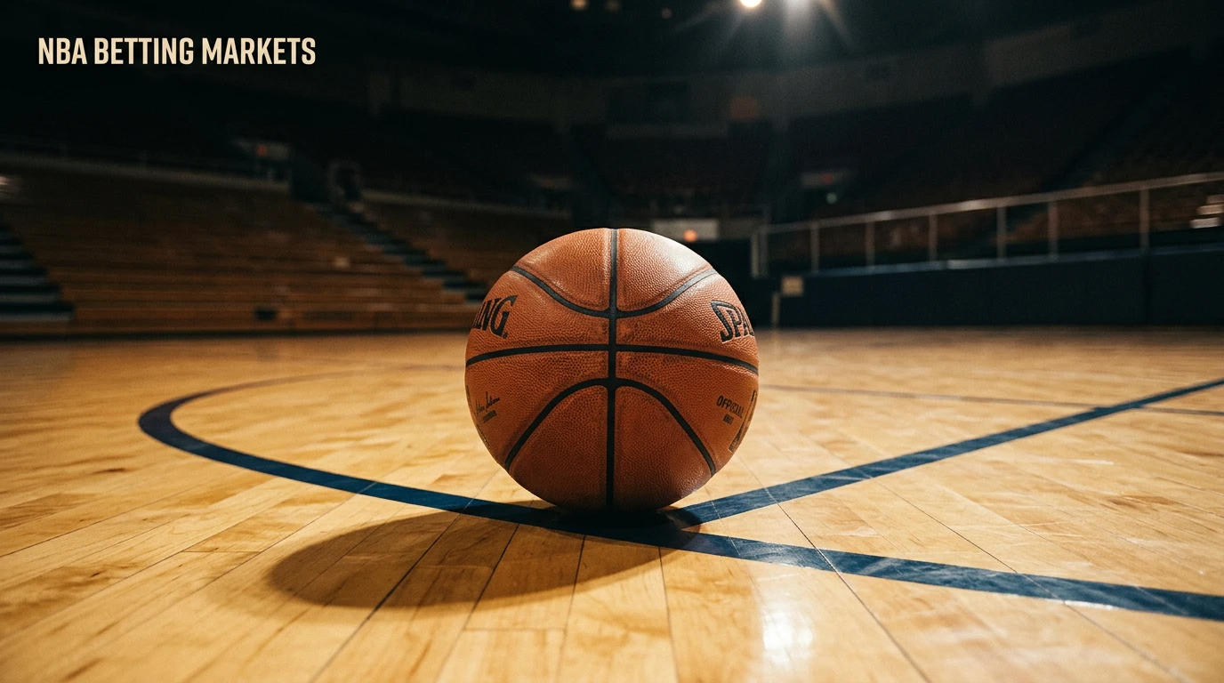 Orange NBA basketball resting on the three-point arc of a polished hardwood court under arena spotlights, with the headline 'NBA Betting Markets' overlaid in the upper corner.