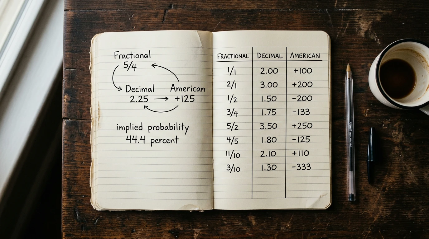 Open notebook with handwritten conversions between fractional, decimal and American odds for an NBA point spread market