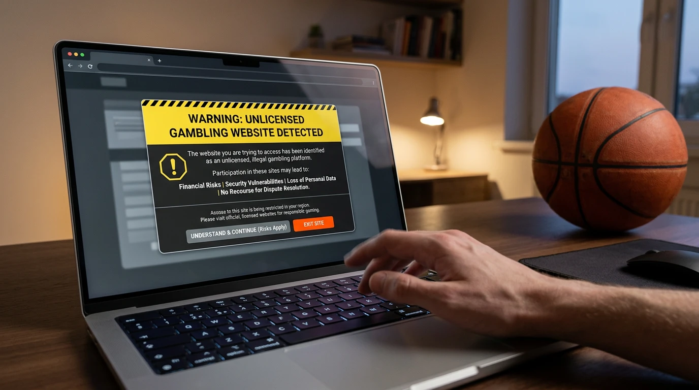 UK punter facing a warning screen about offshore NBA betting sites