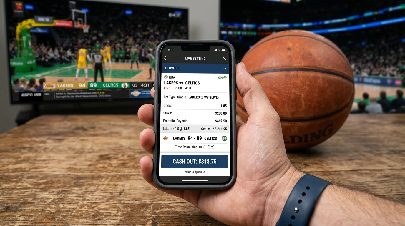 NBA cash out button on a UK bookmaker bet slip showing a partial settlement offer