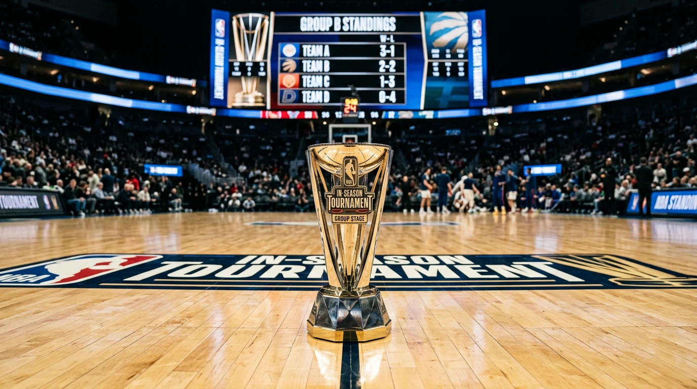 NBA Cup trophy on court with scoreboard showing tournament standings