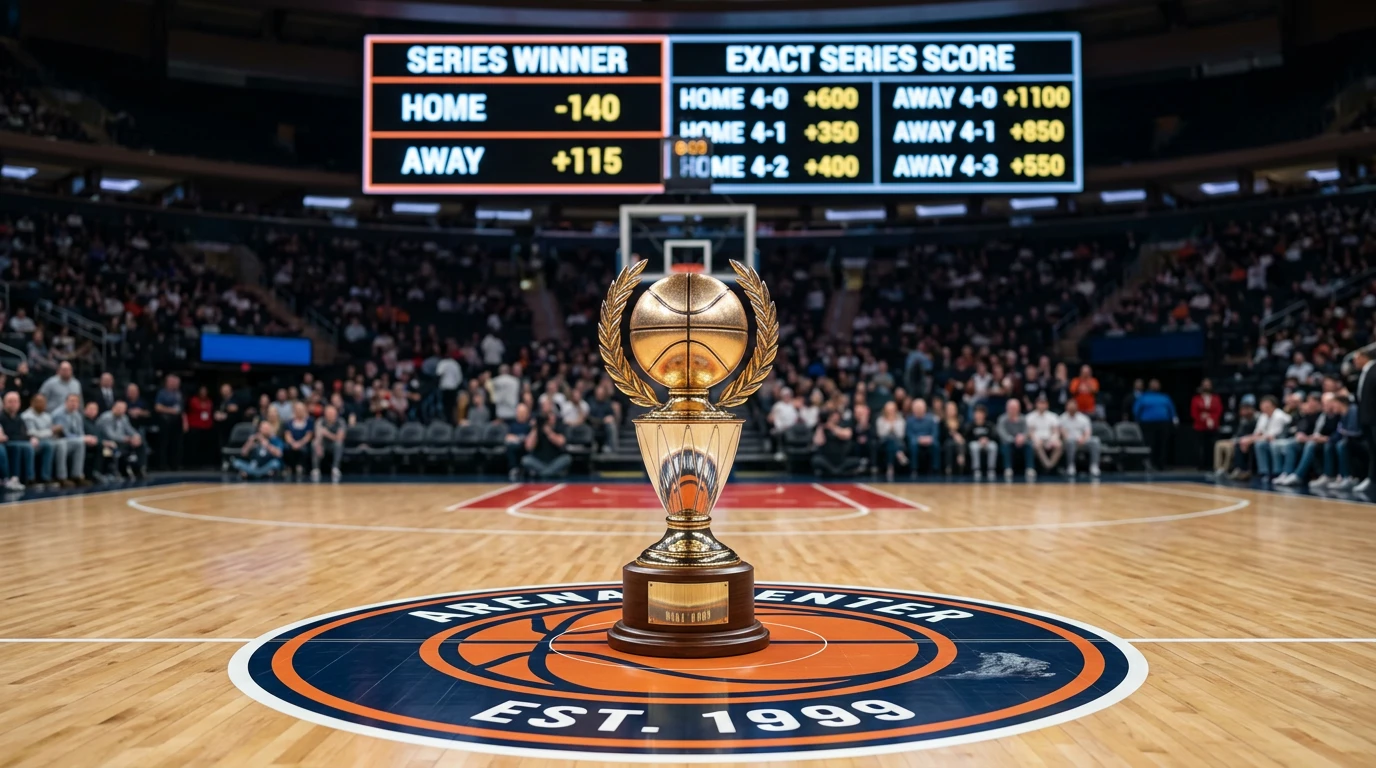 NBA Finals Larry O'Brien trophy with betting odds board behind it