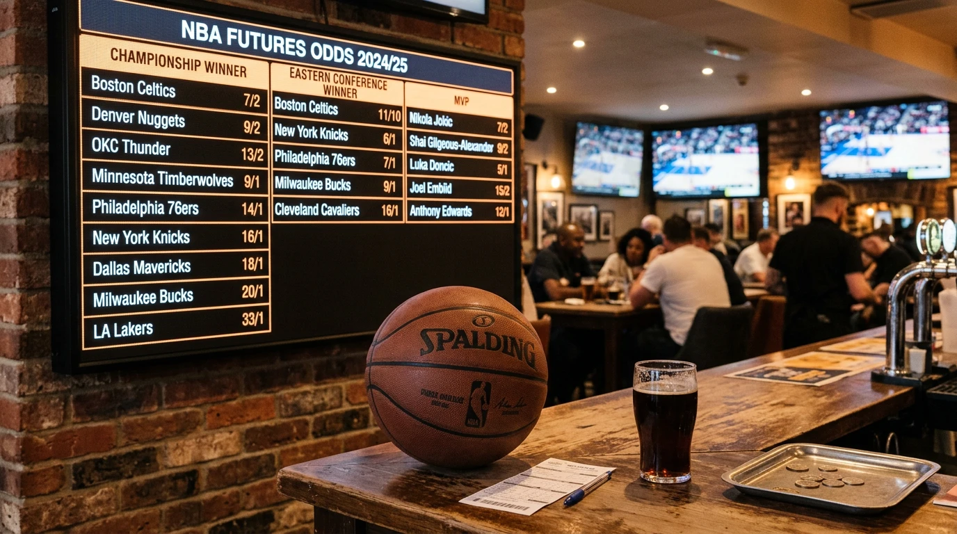 NBA futures odds board displaying championship winner, conference and MVP markets