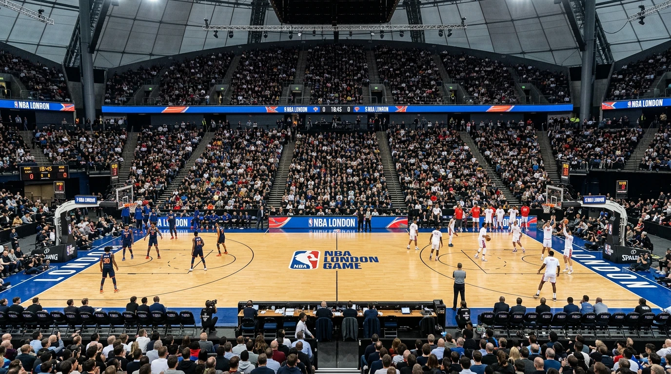 NBA players on court at the O2 Arena in London during the 2026 regular-season game