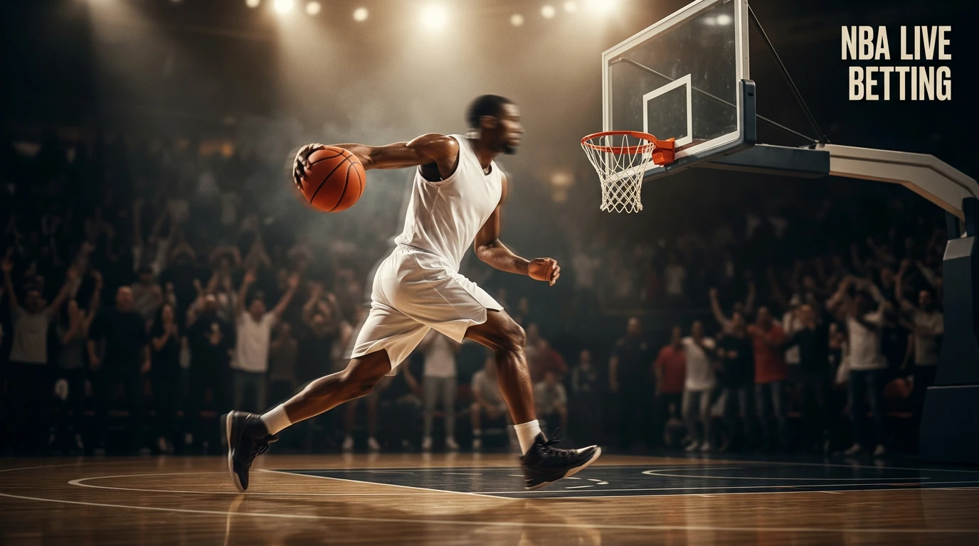 Basketball player in a generic white uniform driving towards the rim on an NBA hardwood court under arena lights, with the headline 'NBA Live Betting' overlaid in the upper corner.