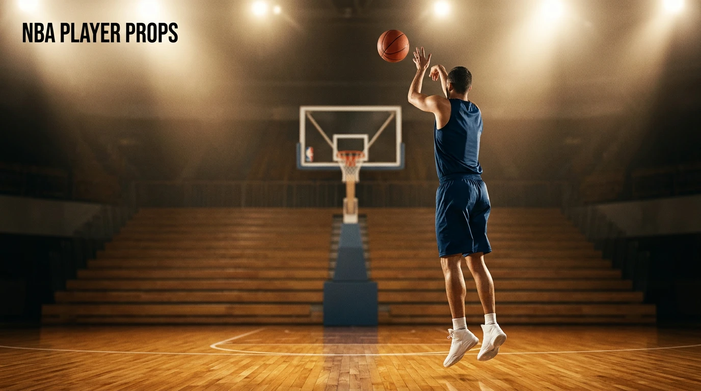Basketball player in a generic dark blue uniform taking a jump shot on an NBA hardwood court, ball in mid-flight towards the hoop, with the headline 'NBA Player Props' overlaid in the upper corner.