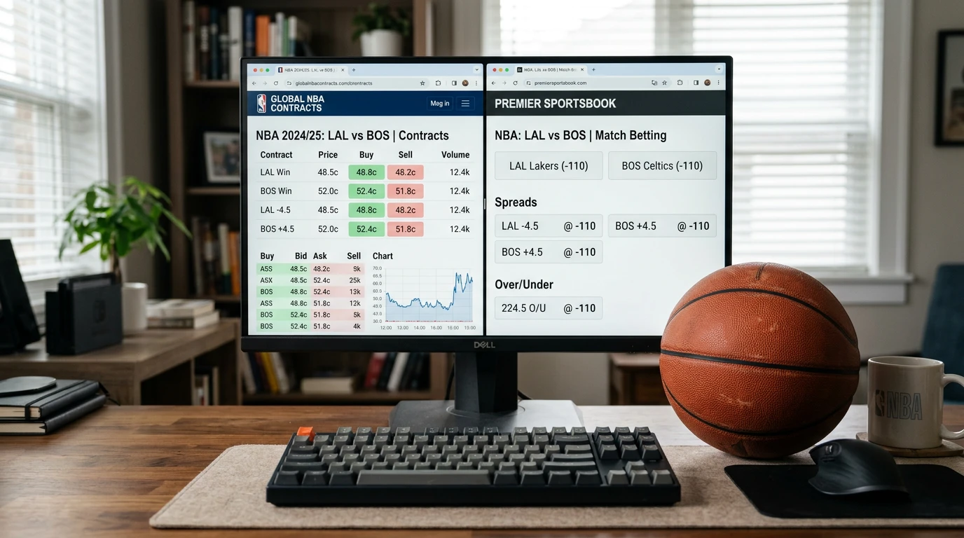 Comparison screen showing order-book NBA prediction market alongside a traditional UK sportsbook