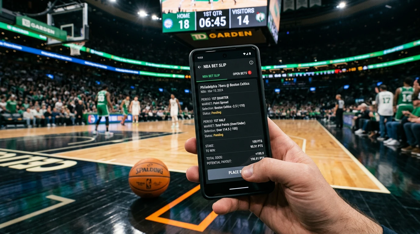 NBA quarter and half betting markets bet slip showing first quarter and half-time period selections
