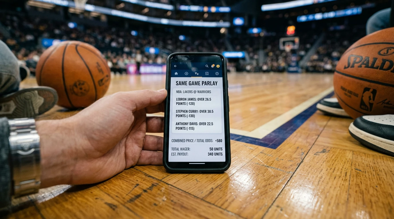 NBA same game parlay bet slip showing correlated player props for a single fixture