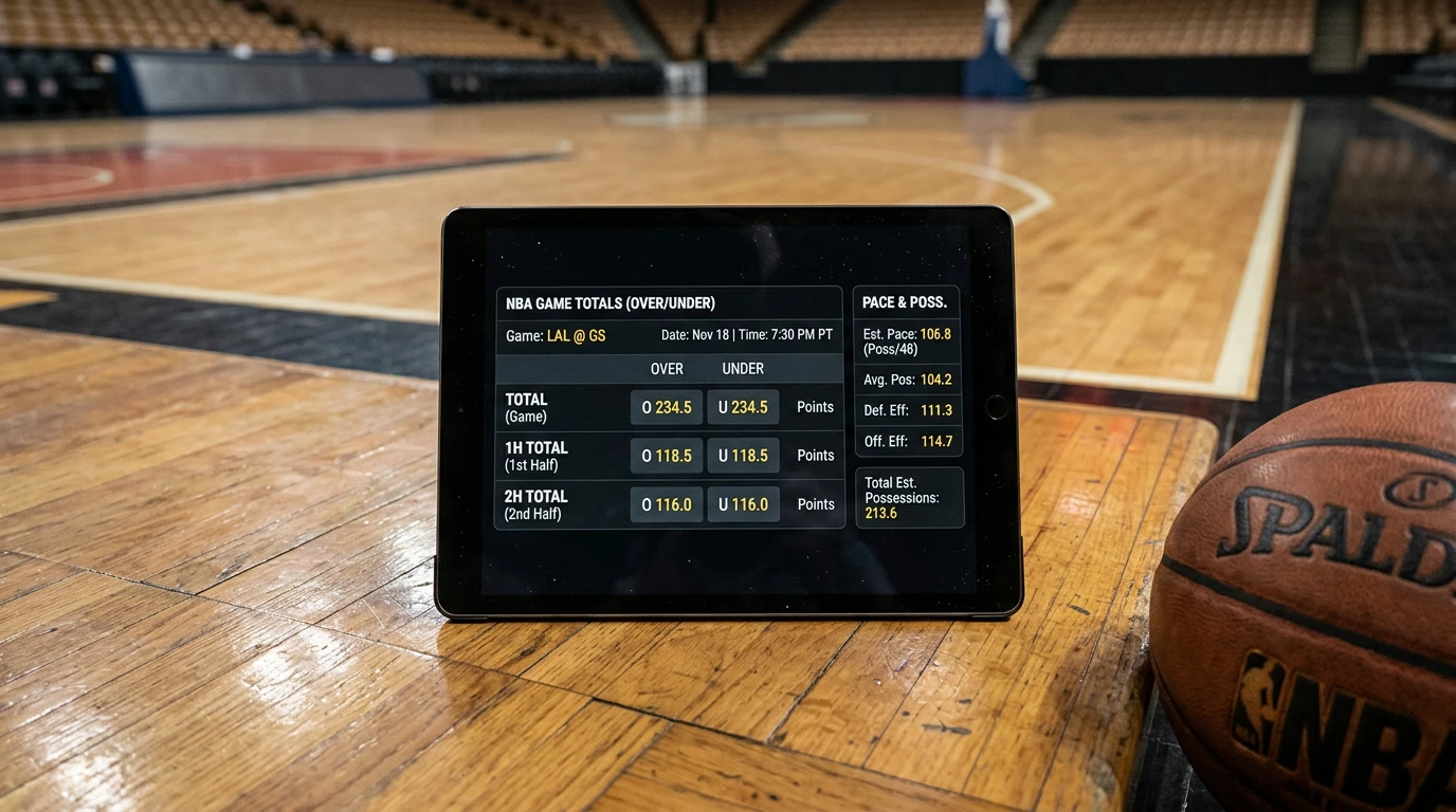 NBA totals over/under line displayed alongside pace and possessions data for UK punters