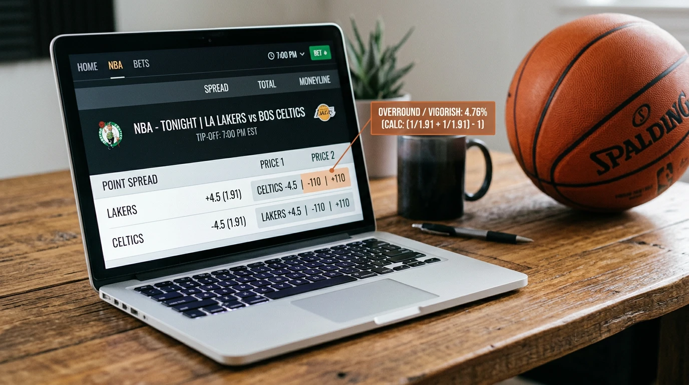 NBA betting line showing the vig calculation and overround between two sides of a point spread