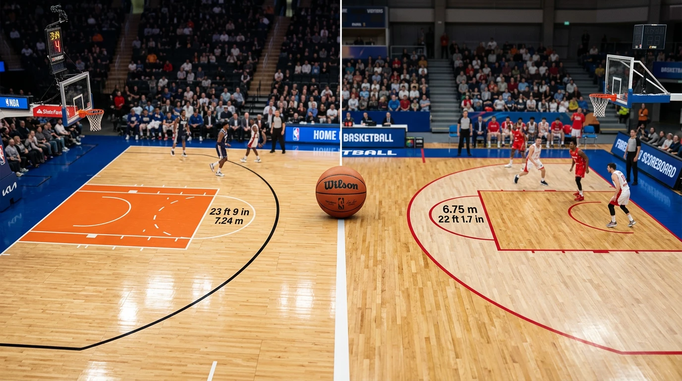 Side-by-side basketball court overlay comparing NBA and EuroLeague styles