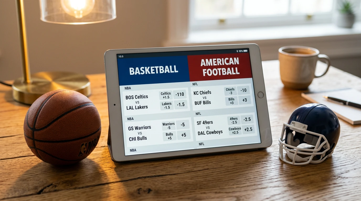 UK punter studying NBA and NFL odds side-by-side on a tablet screen