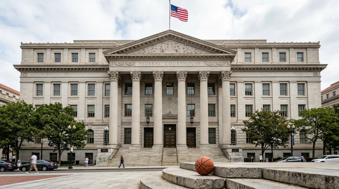 Federal courthouse exterior with NBA prop-bet ticker overlay