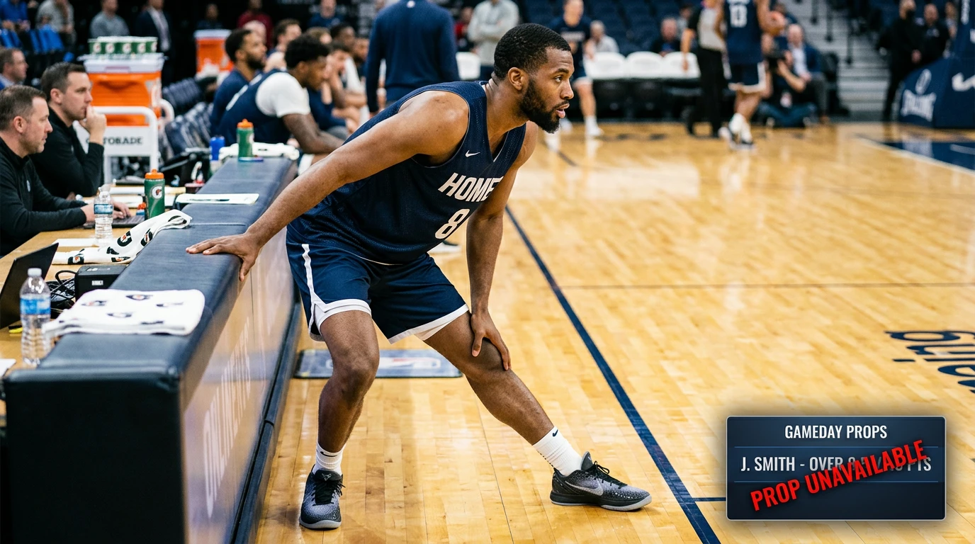 NBA two-way player on the court with a closed prop-bet ticket overlay