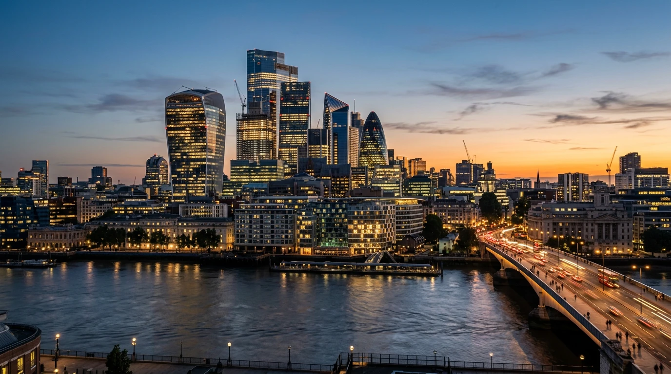 London City skyline at dusk representing the scale of the UK gambling market and online betting industry