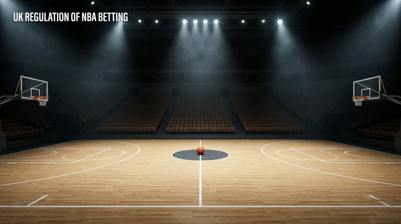 Empty NBA-style hardwood basketball court before tip-off with a single orange basketball at centre under arena spotlights, with the headline 'UK Regulation of NBA Betting' overlaid in the upper corner.