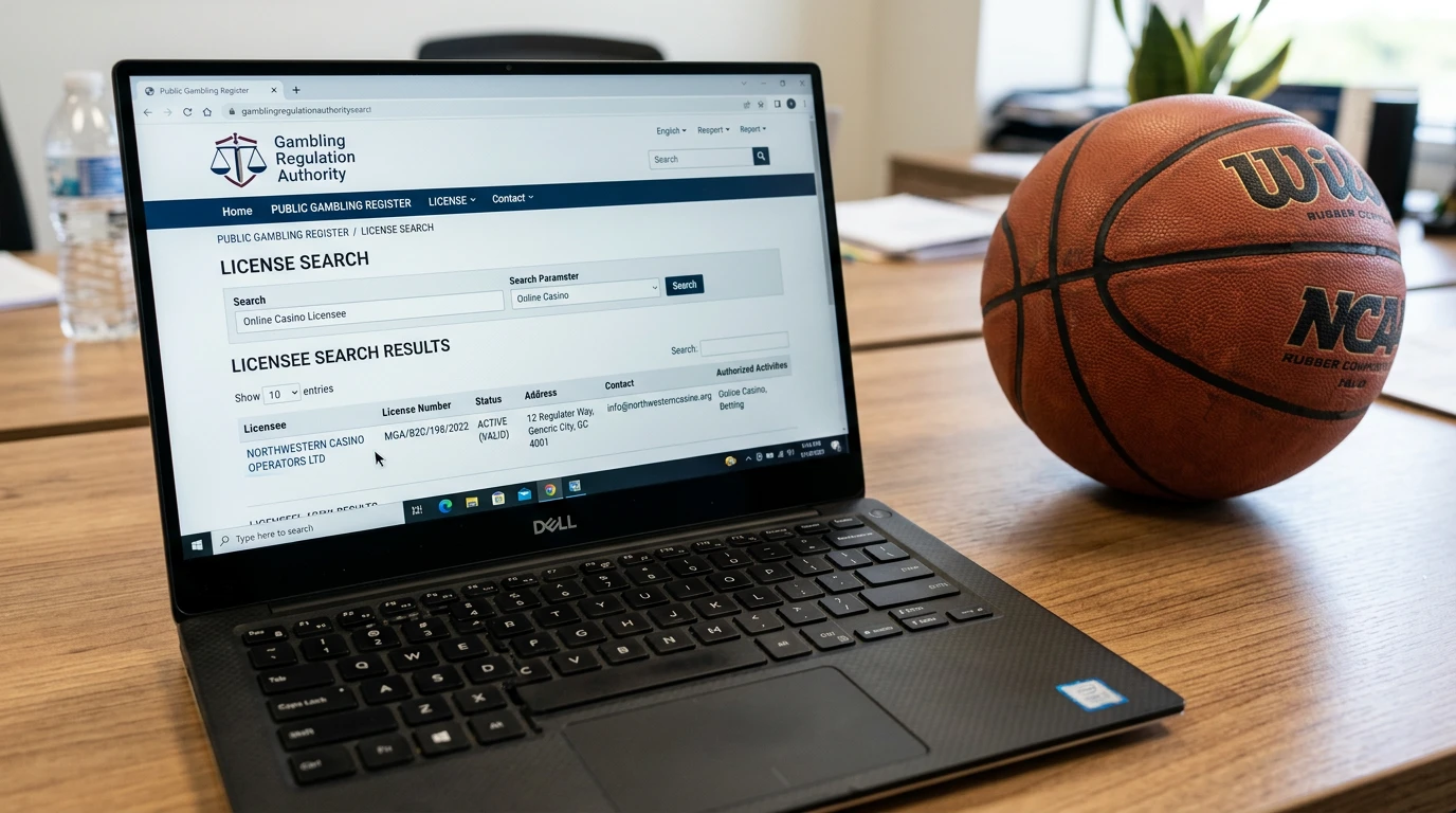 UKGC licence verification screen with NBA bookmaker name on a laptop